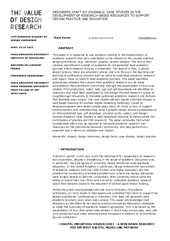 (PDF) Designers don’t do journals: Case studies in the development of ...