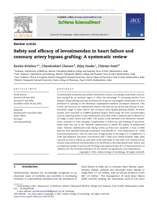 (PDF) Safety and efficacy of levosimendan in heart failure and coronary ...