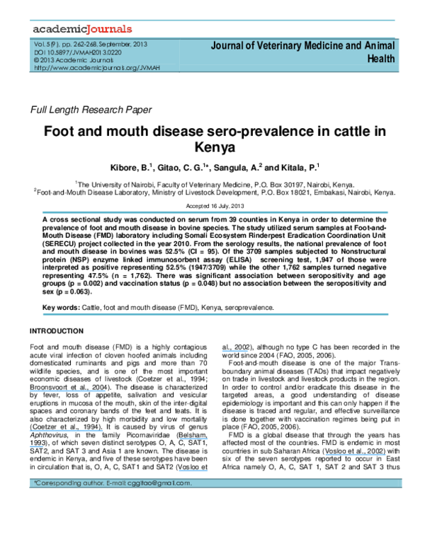 (PDF) Foot and mouth disease sero-prevalence in cattle in Kenya
