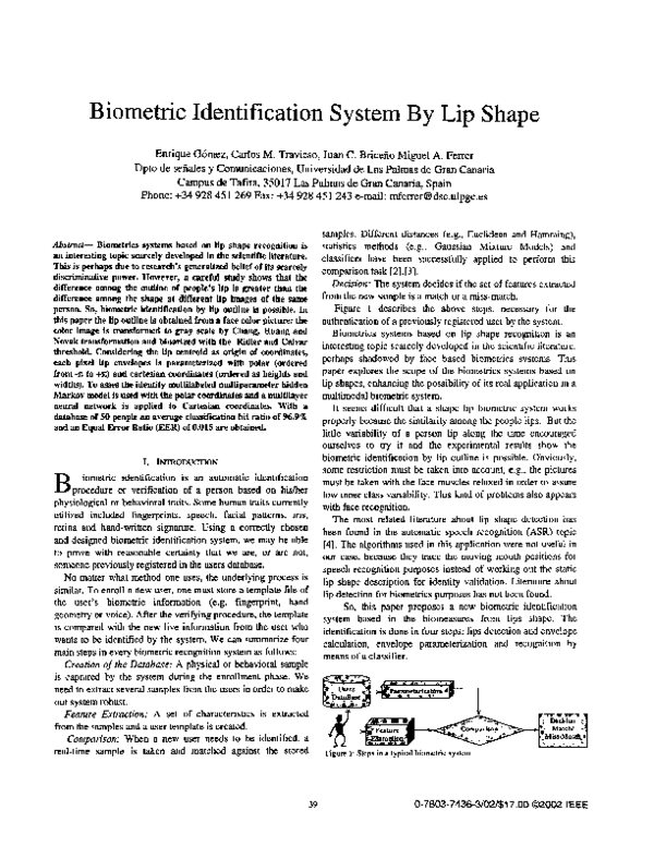 (PDF) Biometric identification system by lip shape Carlos M. Travieso Academia.edu