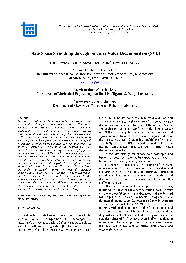(PDF) State Space Smoothing through Singular Value Decomposition (SVD)