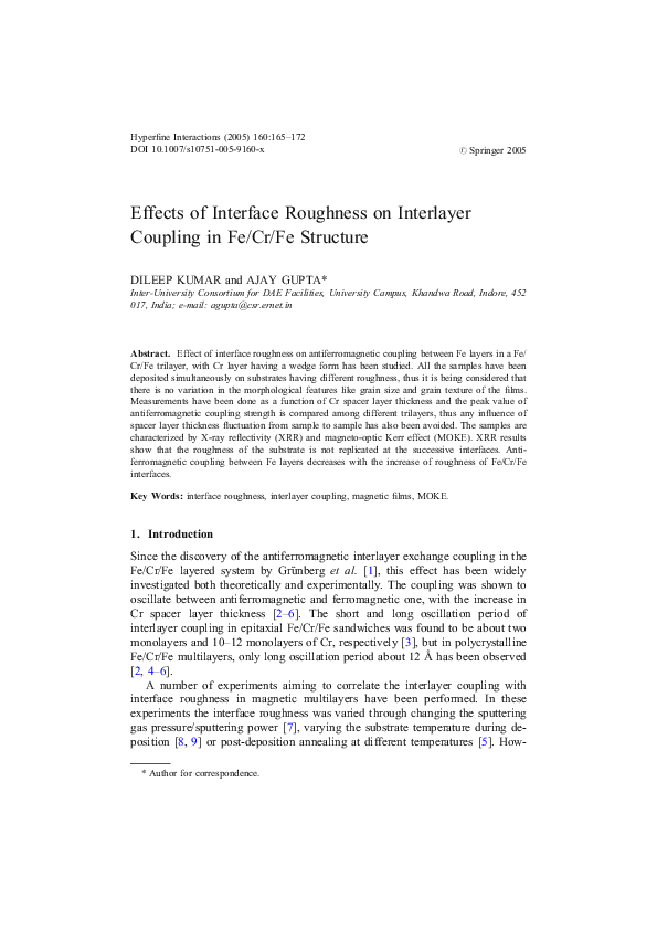 (PDF) Effects of Interface Roughness on Interlayer Coupling in Fe/Cr/Fe ...