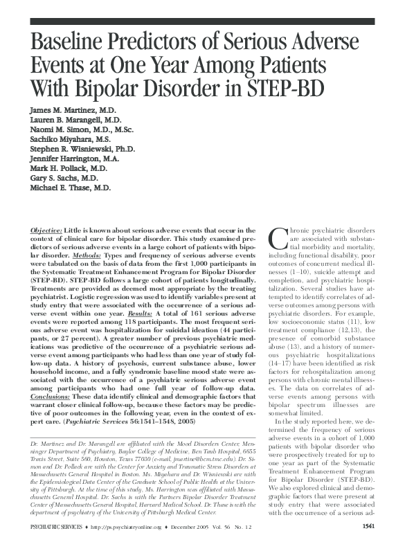 (PDF) Baseline Predictors of Serious Adverse Events at One Year Among ...