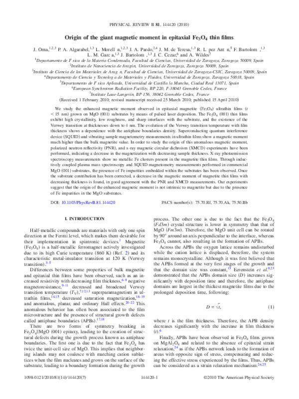(PDF) Origin of the giant magnetic moment in epitaxial Fe_{3}O_{4} thin ...