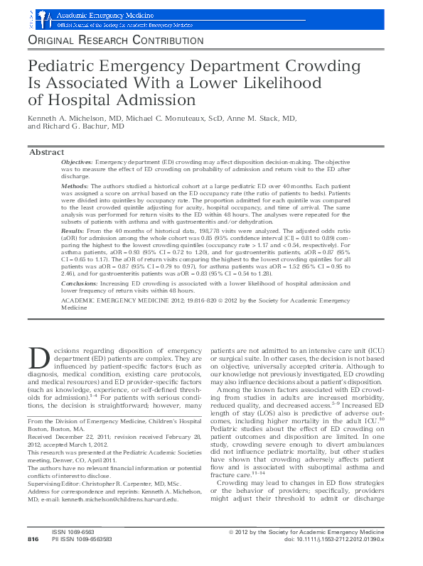 (PDF) Pediatric Emergency Department Crowding Is Associated With a ...