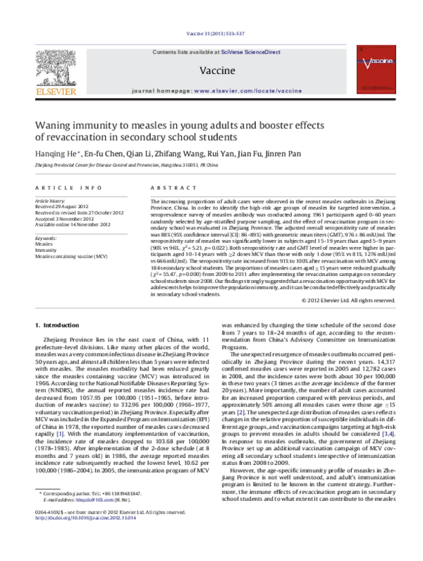(PDF) Waning immunity to measles in young adults and booster effects of ...