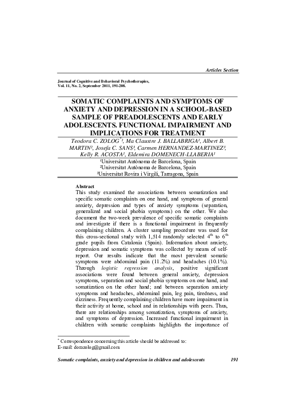 (PDF) Somatic Complaints and Symptoms of Anxiety and Depression in a ...