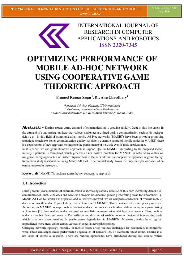 (PDF) OPTIMIZING PERFORMANCE OF MOBILE AD-HOC NETWORK USING COOPERATIVE ...