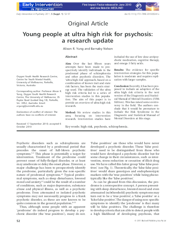 (PDF) Young people at ultra high risk for psychosis: a research update