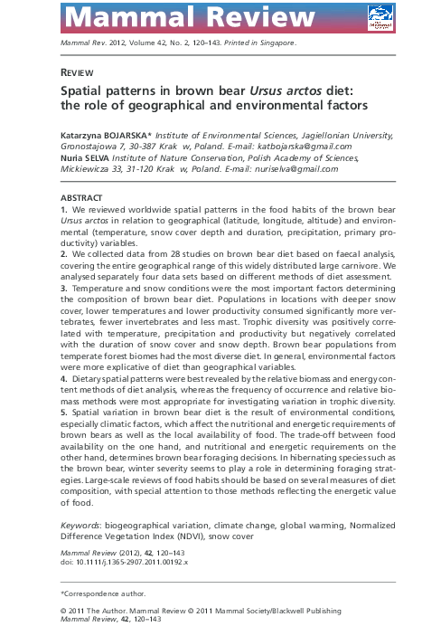(PDF) Spatial patterns in brown bear Ursus arctos diet: the role of ...