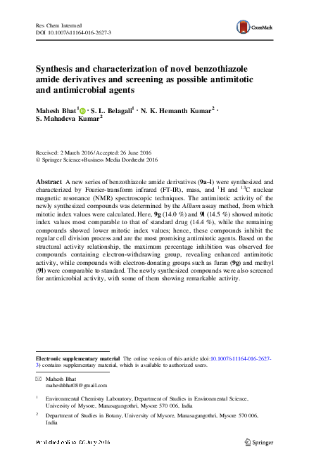 (PDF) Synthesis and characterization of novel benzothiazole amide ...