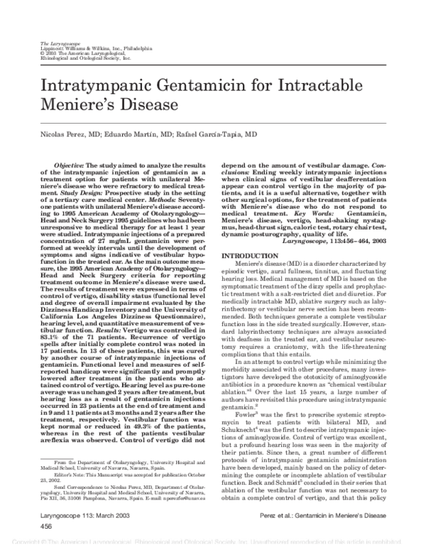 (PDF) Intratympanic gentamicin therapy for intractable Ménière's