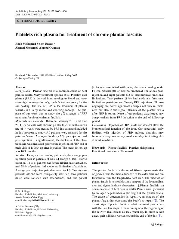 (PDF) Platelets rich plasma for treatment of chronic plantar fasciitis
