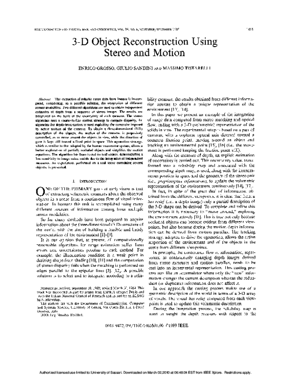 (PDF) 3-D object reconstruction using stereo and motion