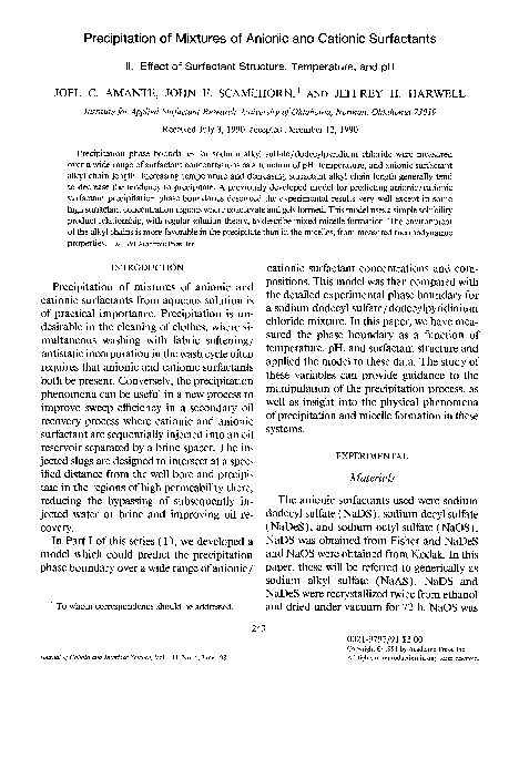 (PDF) Precipitation of mixtures of anionic and cationic surfactants