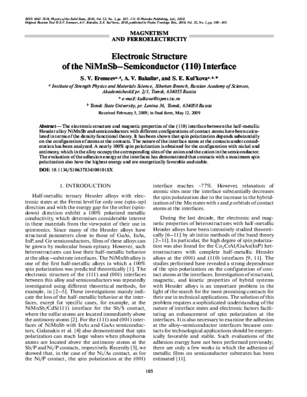 (PDF) Electronic structure of the NiMnSb-semiconductor (110) interface