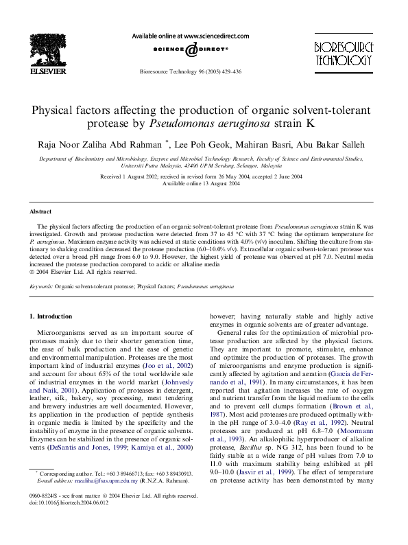 (PDF) Physical factors affecting the production of organic solvent