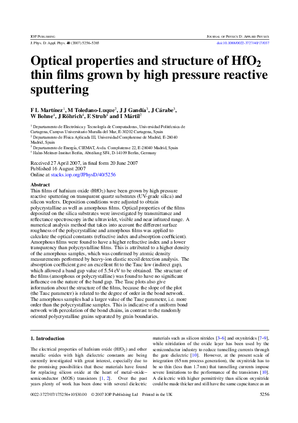 (PDF) Optical properties and structure of HfO2 thin films grown by high ...