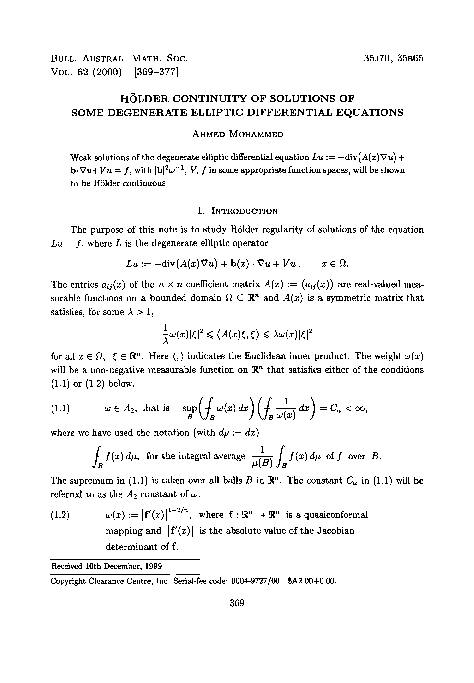 (PDF) Hölder continuity of solutions of some degenerate elliptic ...