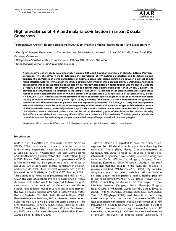 (PDF) High prevalence of HIV and malaria co-infection in urban Douala ...