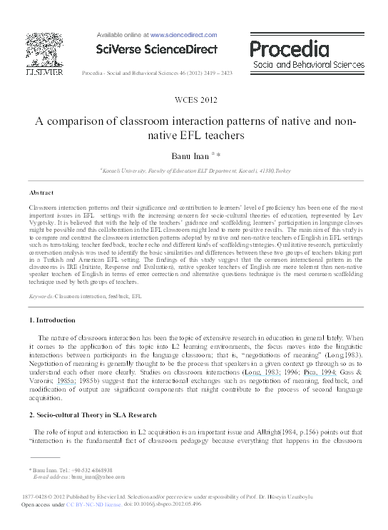 (PDF) A Comparison of Classroom Interaction Patterns of Native and ...