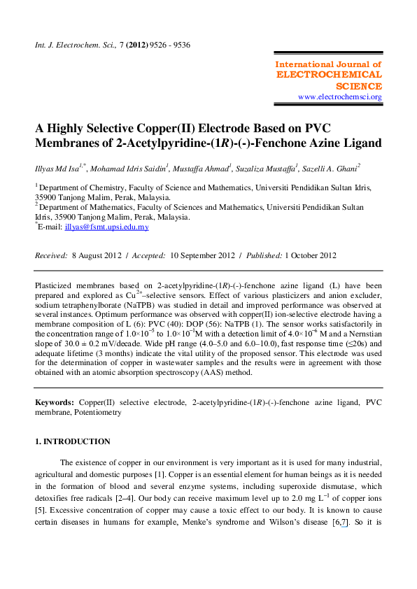 (PDF) A Highly Selective Copper(II) Electrode Based on PVC Membranes of ...