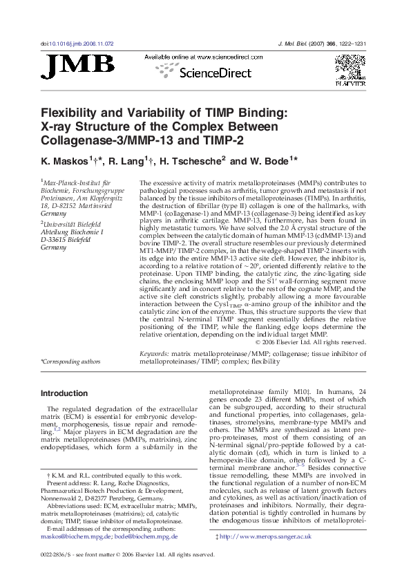 (PDF) Flexibility and Variability of TIMP Binding: X-ray Structure of ...