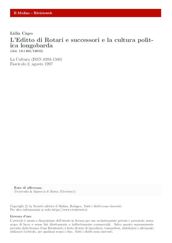 (PDF) L'Editto di Rotari e successori e la cultura politica longobarda