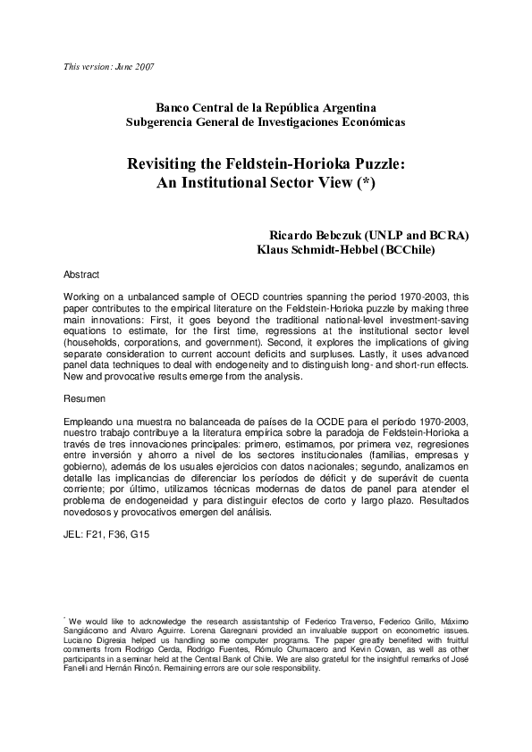 (PDF) Revisiting the FeldsteinHorioka Puzzle An institutional sector