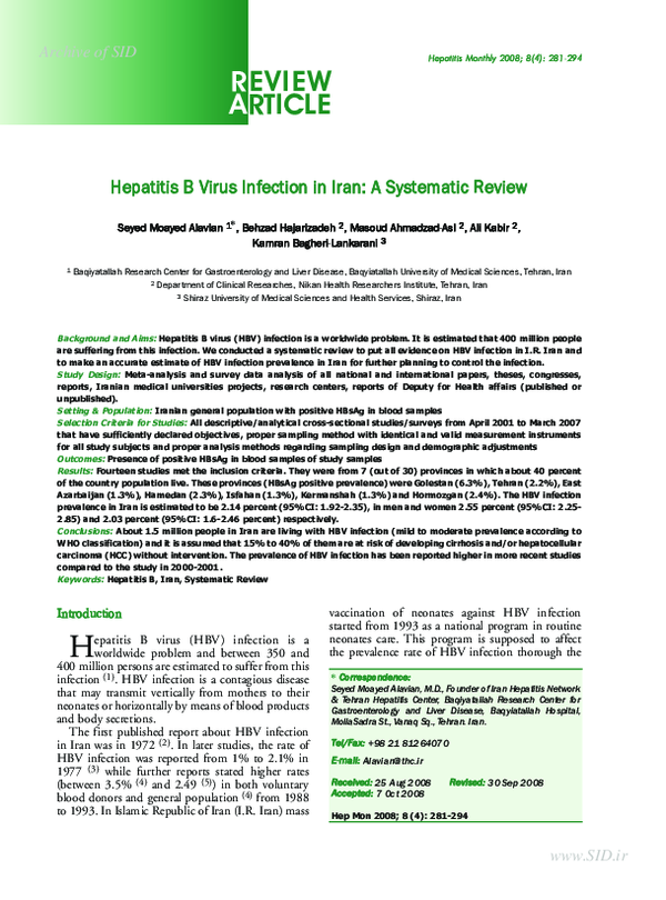 (PDF) Hepatitis B Virus Infection in Iran: A Systematic Review