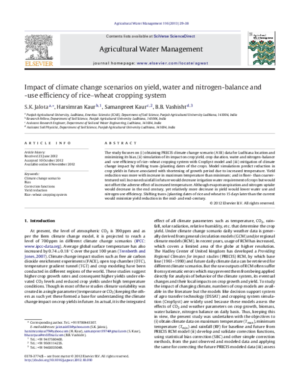 (PDF) Impact of climate change scenarios on yield, water and nitrogen ...