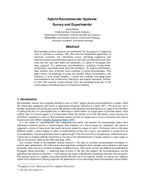 (PDF) Hybrid recommender systems: Survey and experiments