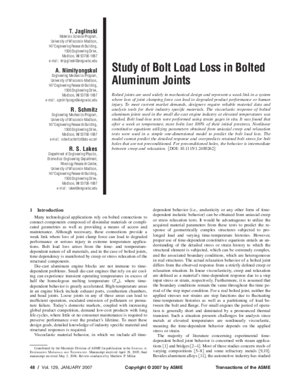 (PDF) Study of Bolt Load Loss in Bolted Aluminum Joints