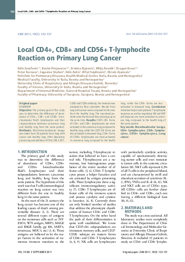 (PDF) Local Cd4+, Cd8+ and Cd56+ T-lymphocite Reaction on Primary Lung ...