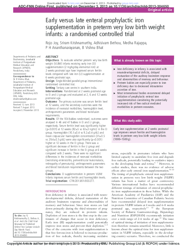 (PDF) Early versus late enteral prophylactic iron supplementation in ...