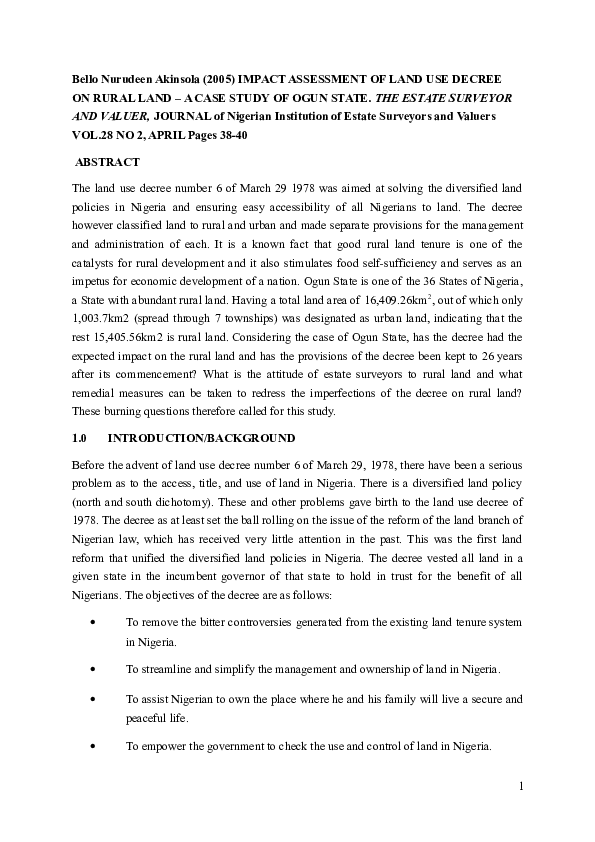 (DOC) Bello Nurudeen Akinsola (2005) IMPACT ASSESSMENT OF LAND USE DECREE ON RURAL LAND A CASE