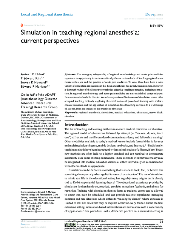 (PDF) Simulation in teaching regional anesthesia: current perspectives