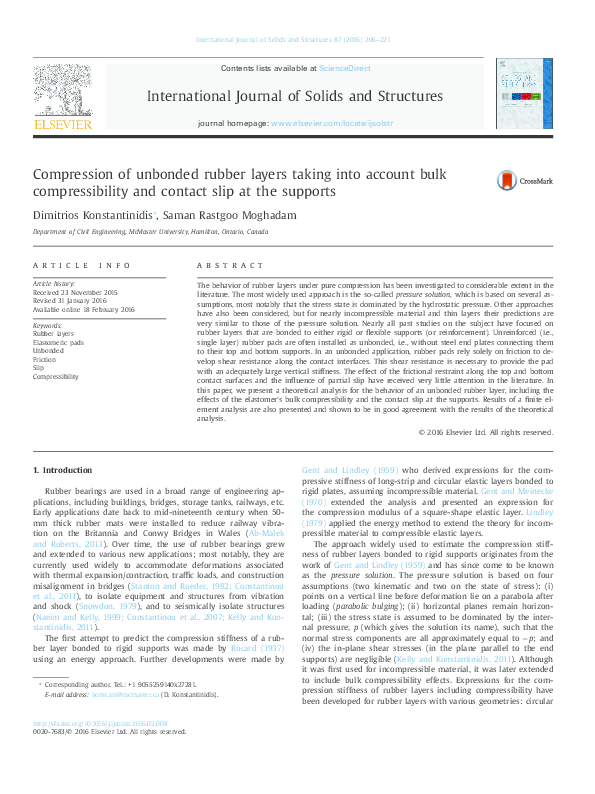 (PDF) Compression of unbonded rubber layers taking into account bulk ...
