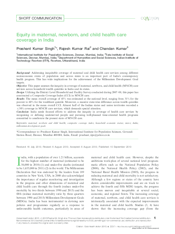 (PDF) Equity in maternal, newborn, and child health care coverage in India