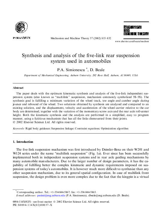 (PDF) Synthesis and analysis of the fivelink rear suspension system