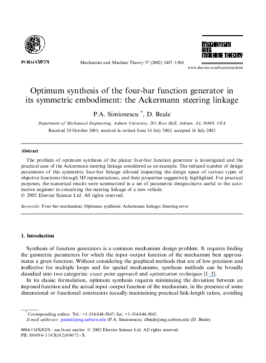 Pdf Optimum Synthesis Of The Four Bar Function Generator In Its Symmetric Embodiment The Ackermann Steering Linkage Petru A Simionescu Academia Edu