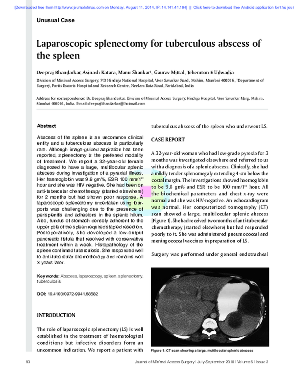 (PDF) Laparoscopic splenectomy for tuberculous abscess of the spleen