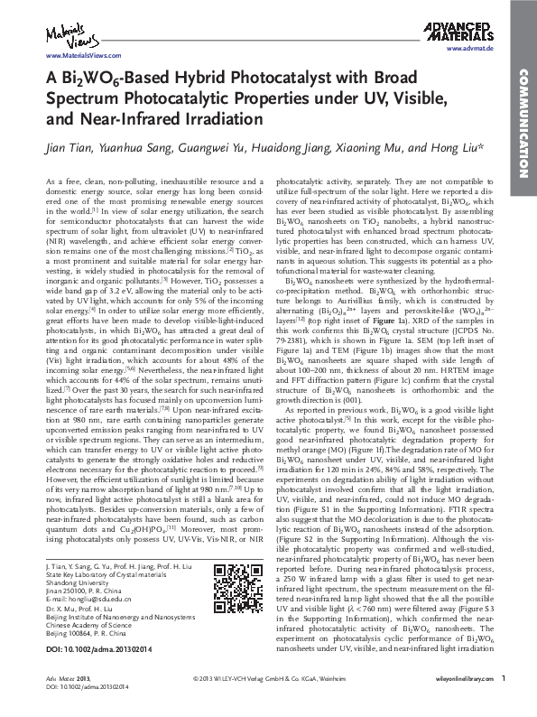 (PDF) A Bi 2 WO 6 -Based Hybrid Photocatalyst with Broad Spectrum ...