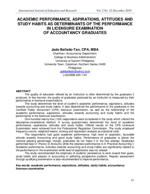 (PDF) ACADEMIC PERFORMANCE, ASPIRATIONS, ATTITUDES AND STUDY HABITS AS ...