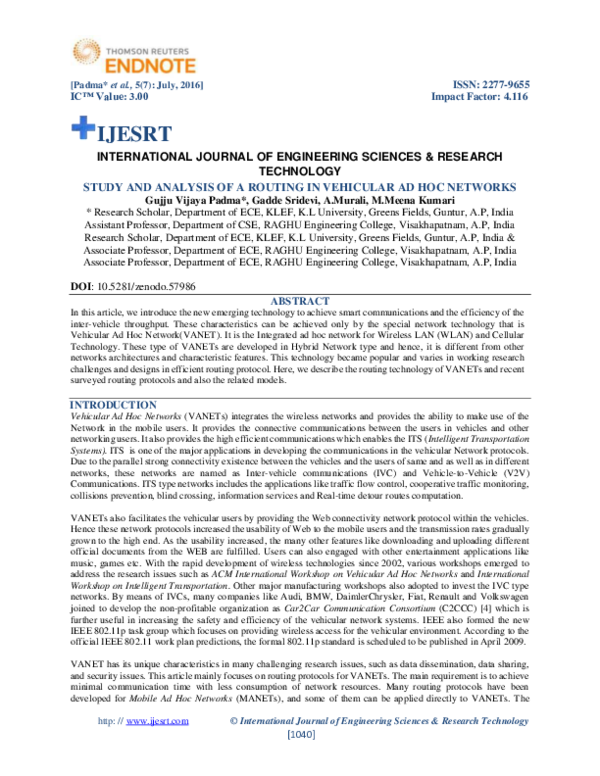 (PDF) STUDY AND ANALYSIS OF A ROUTING IN VEHICULAR AD HOC NETWORKS