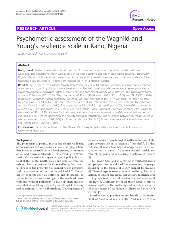 (PDF) Psychometric assessment of the Wagnild and Young's resilience ...