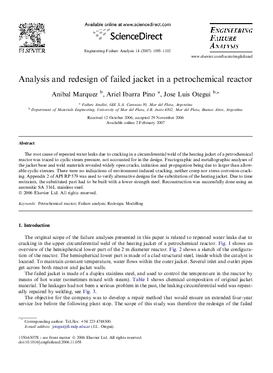 (PDF) Analysis and redesign of failed jacket in a petrochemical reactor