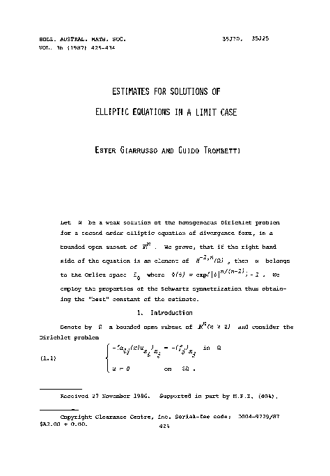 (PDF) Estimates for solutions of elliptic equations in a limit case