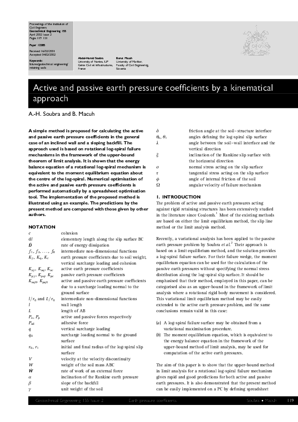 (PDF) Active and passive earth pressure coefficients by a kinematical ...