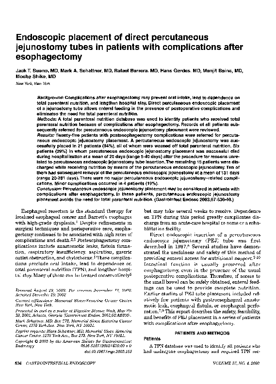(PDF) Endoscopic placement of direct percutaneous jejunostomy tubes in